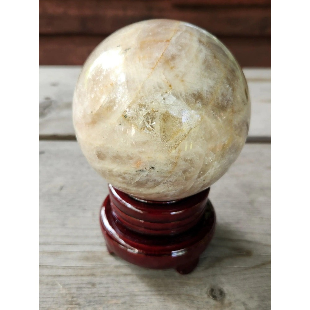 Large Peach Moonstone Sphere with Wooden Stand | Metaphysical Properties